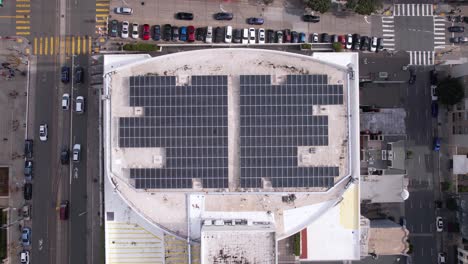 Top-Down-Aerial-View-of-Masonic-Auditorium,-Nob-Hill,-San-Francisco,-California-USA,-Rooftop-Solar-Panels-Array