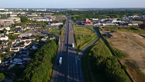 Bird's-eye-altitude-view-from-the-part-of-the-Périphérique-road-in-Rennes,-France