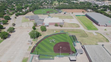 Aerial-video-of-softball-and-baseball-field-at-Lake-Dallas-High-School-in-Corinth-Texas