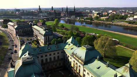 Drone-view-of-the-Japanisches-Palais-building-in-Dresden-which-is-a-cultural-institution,-Germany