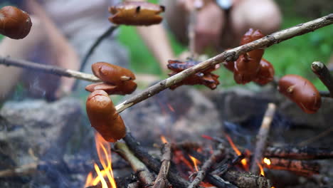 Salchichas-Asadas-En-Una-Brocheta-De-Madera---Primer-Plano