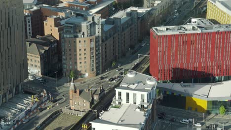 View-of-Manchester-City,-Deansgate-district-from-above