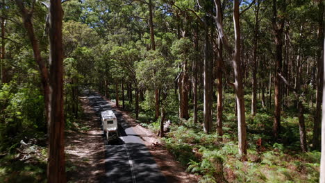 Ein-Wohnwagen-Und-Ein-Jeep-Fahren-Auf-Einer-Waldstraße-In-Australien