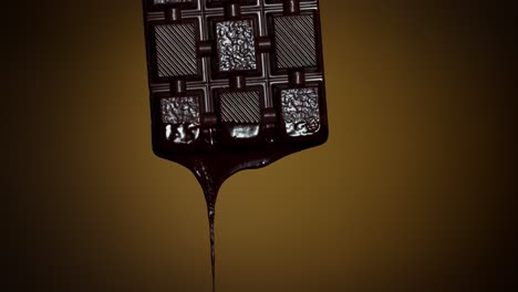 Chocolate-bar-with-melted-chocolate-syrup-dripping-flowing-over-dark-brown-background,-confectionery