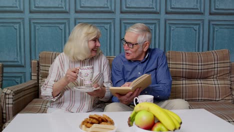 Abuelo-Sonriente-De-Pareja-Mayor,-Abuela-Descansando-En-Un-Sofá-Tomando-Café,-Leyendo-Un-Libro-En-Casa