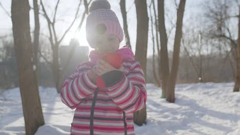 Kind-Mädchen-Chatten-Mit-Freunden-Und-Familie-Auf-Dem-Handy,-Fernkommunikation-Im-Winterpark