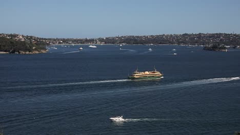 A-large-ferry-passing-through-Sydney-Harbor,-with-other-small-boats-sailing-around-it,-and-in-the-background-the-view-of-the-city