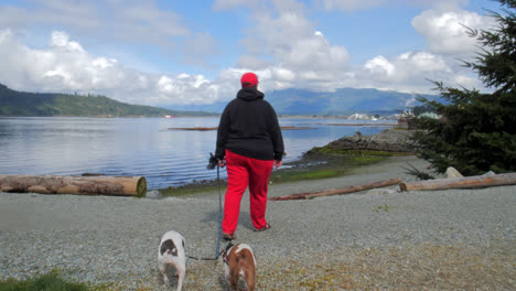 Mujer-En-Ropa-Deportiva-Caminando-Junto-Al-Lago-Con-Dos-Perros,-Columbia-Británica,-Canadá