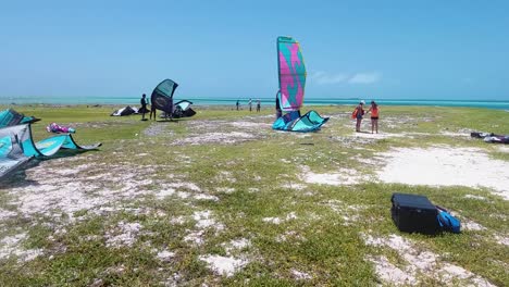 People-prepare-kitesurf-equipment-on-beach,-watersport-spot-on-bright-sunny-day,-kite-camp