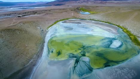 Fly-over-green-and-turquoise-lagoon-near-the-Chilean---Argentinean-border-in-the-north-of-Chile,-San-Pedro-de-Atacama-region