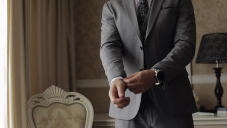 Apuesto-Novio-Hombre-De-Negocios-Con-Chaqueta-Gris-En-Casa-En-La-Sala-De-Estar,-Camisa-Blanca-Con-Corbata-Negra