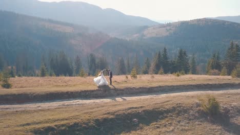 Newlyweds-dancing-on-a-high-slope-of-the-mountain.-Groom-and-bride.-Aerial-view