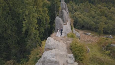 Newlyweds-stand-on-a-high-slope-of-the-mountain.-Groom-and-bride.-Aerial-view