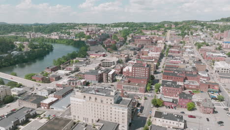 Downtown-Morgantown,-West-Virginia-with-drone-video-moving-in-a-circle