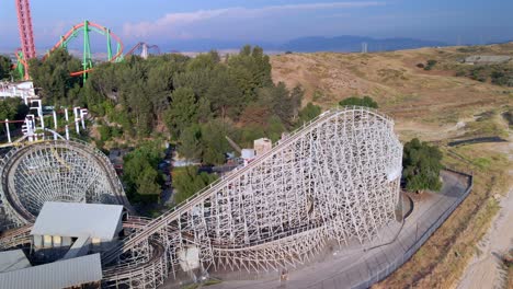 Aerial-view-around-the-old-rollercoaster-at-the-Six-Flags-Magic-Mountain-in-USA