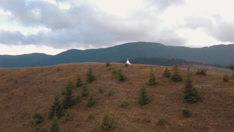 Lovely-young-newlyweds-bride-groom-embracing-on-mountain-slope,-happy-wedding-couple-family-in-love