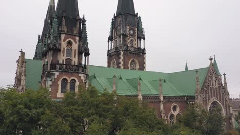 Aerial-view-of-historical-Church-of-Saints-Olga-and-Elizabeth-old-gothic-temple-in-town-Lviv-Ukraine