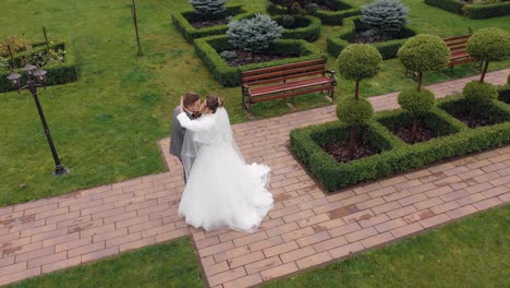 Newlyweds,-bride-embracing-groom-in-park-making-kiss,-wedding-couple-family-hugging,-aerial-view