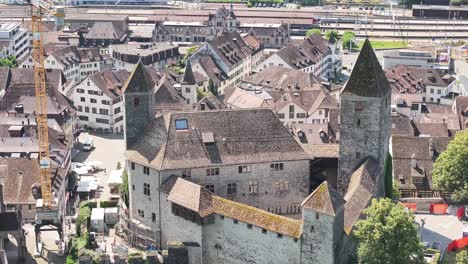 Aerial-view-of-the-residential-area-in-Rapperswil-Jona,-a-municipality-in-Switzerland,-highlighting-the-concept-of-charming-and-well-planned-community-living