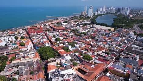 Cartagena,-Colombia,-Aerial-View-of-Old-Town,-Lake-Cabrero-and-Caribbean-Sea