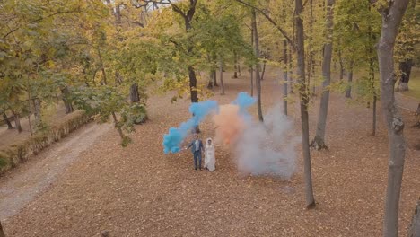 Caucasian-groom-with-bride-in-the-park.-Wedding-couple.-Smoke-bombs.-Newlyweds