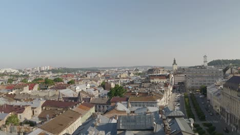 Aerial-Drone-Footage-of-European-City-Lviv,-Ukraine,-Flight-Above-Popular-Ancient-Part-of-Old-Town