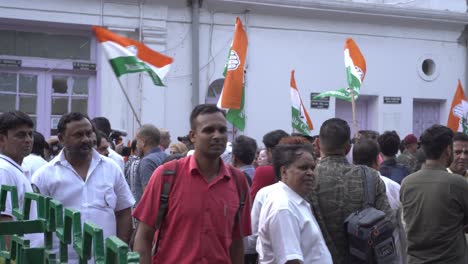 Crowd-of-Congress-party-supporters,-and-journalists-celebrating-the-win-of-Congress-at-Lok-Sabha-election-2024-at-the-party-office