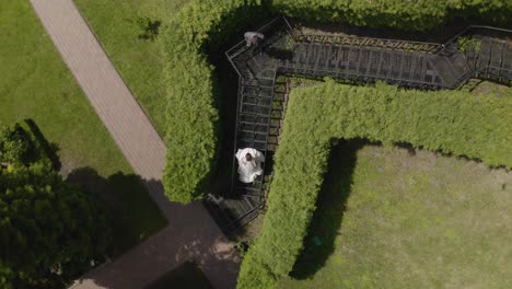 Newlyweds,-caucasian-groom-with-bride-stay-on-stairs-in-park,-wedding-couple,-man-and-woman-in-love