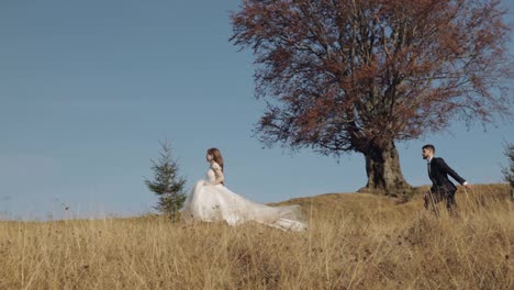 Newlyweds.-Caucasian-groom-with-bride-running-on-mountain-slope.-Wedding-couple