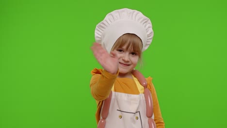 Child-girl-cook-chef-waving-hands,-asking-to-follow,-welcome,-hello,-hi-gesture-on-chroma-key