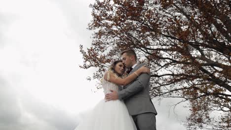 Lovely-young-newlyweds-bride-groom-embracing-on-cloudy-sky-background,-wedding-couple-family-in-love