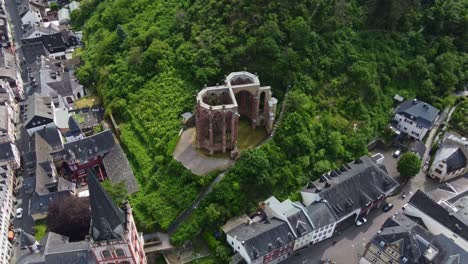 Medieval-Werner-Chapel-and-Timbered-Church-of-Bacharach-Town-in-Germany,-Drone-Overhead