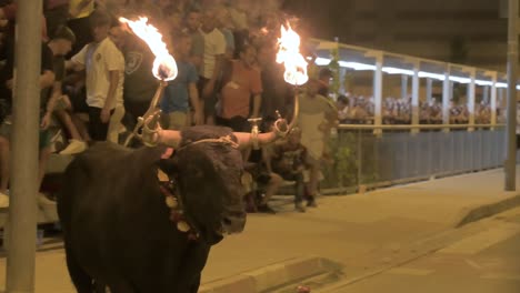 Nahaufnahme-Eines-Stiers-Mit-Feuerbällen-In-Seinen-Hörnern-Bei-Einem-Stierlauf-Mit-Zuschauern-Und-Einer-Brücke-Im-Hintergrund-Bei-Einem-Toro-Embolado-Event-In-Sagunto