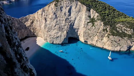 Sunrise-at-famous-shipwreck-Navagio-in-Greece,-tropical-lagoon-turquoise-water