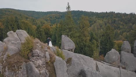 Newlyweds-stand-on-a-high-slope-of-the-mountain.-Groom-and-bride.-Aerial-view