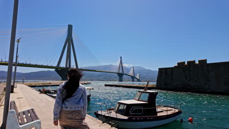 The-Rio-Andirrio-Bridge-stretches-over-the-Gulf-of-Corinth,-connecting-the-Peloponnese-to-mainland-Greece