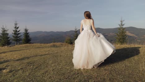 Schöne-Und-Reizende-Braut-Im-Hochzeitskleid-Läuft-Am-Berghang