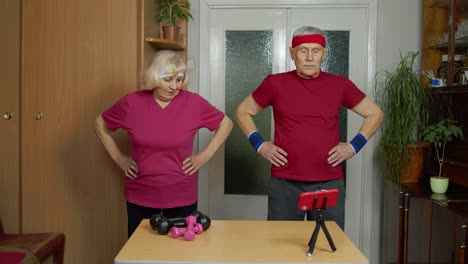 Grandmother-grandfather-doing-healthy-lifestyle-workout,-training,-fitness,-sport-activity-at-home