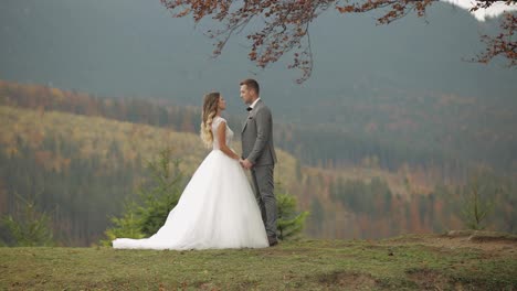 Lovely-young-newlyweds-bride-groom-embracing-on-mountain-slope,-holding-hands,-wedding-couple-family