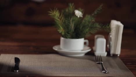 Hands-of-waiter-puts-ceramic-plate-with-delicious-pancakes-with-jam-on-table-in-modern-restaurant