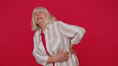 Senior-ill-woman-suffering-backache-discomfort-unbearable-spasm-torn-muscles,-tendons-kidney-stones