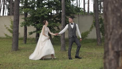 Lovely-newlyweds-caucasian-bride-groom-walking-in-park,-holding-hands,-wedding-couple-family