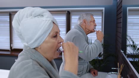 Senior-couple-grandmother-and-grandfather-brushing-teeth-and-looking-into-a-mirror-at-bathroom