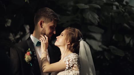 Newlyweds.-Caucasian-groom-with-bride-in-the-park.-Wedding-couple.-Happy-family