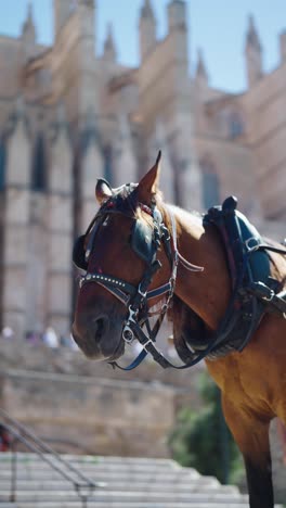 Vertical-view-of-horse-with-eye-blinkers-near-Cathedral-of-Mallorca