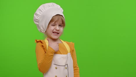 Child-girl-dressed-cook-chef-baker-in-apron-and-hat-showing-thumbs-up,-fooling-around-on-chroma-key