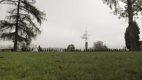 Lovely-newlyweds-caucasian-bride-groom-walking-in-park,-holding-hands,-wedding-couple-family