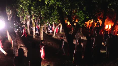 Un-Grupo-De-Bailarines-Realizando-Danzas-étnicas-En-La-Oscuridad,-Rodeados-De-árboles.