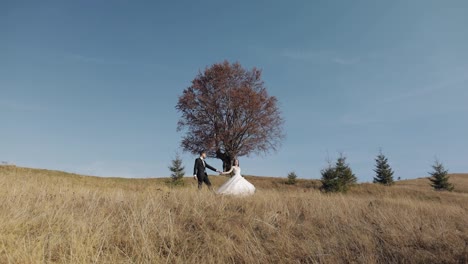 Newlyweds.-Caucasian-groom-with-bride-walking-on-mountain-slope.-Wedding-couple