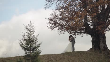 Lovely-young-newlyweds-bride-and-groom-embracing,-making-a-kiss-on-mountain-slope,-wedding-couple